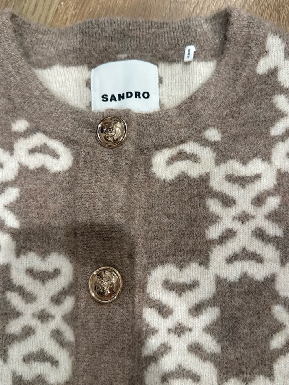 Sandro Cream & Taupe Patterned Wool Cardigan - Picture 2 of 2